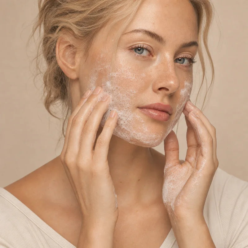 Femme nettoyant son visage avec la mousse du savon LOOF
