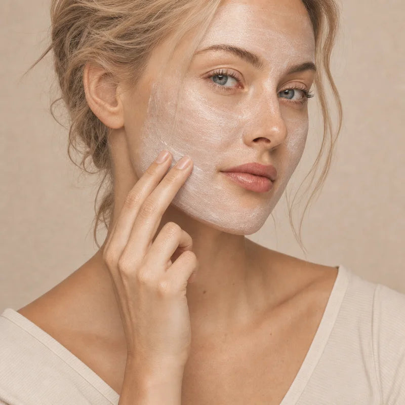 Femme avec la texture crème du savon LOOF appliquée en masque sur le visage